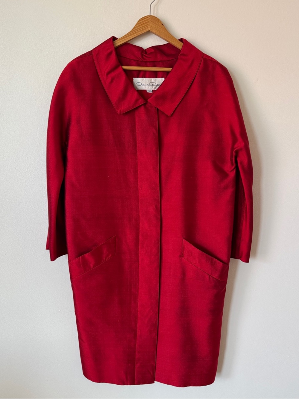 Vintage Oscar de la Renta Red Silk Shantung Duster Evening Coat Made in USA